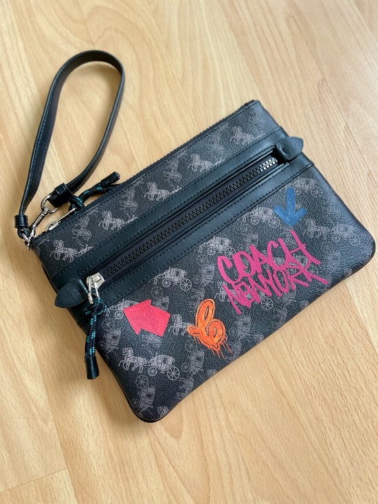 Coach Handbags - Coach Large Wristlet Clutch Black Horse Carriage Logo Graffiti Print F84636